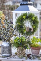 Winter arrangement including Helleborus odorus, pine wreath and pussy willow.