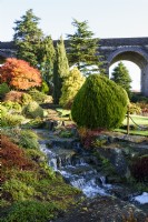Stream running through a rock garden with conifers and maples at Kilver Court, Somerset in November