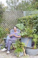 Woman sitting in garden chair behind galvanised metal containers planted with Acorus, Juncus, Gunnera, Rodgersia, Houttuynia, Isolepis, with metal basin pond planted with Cyperus and  Nymphaea with bamboo ladder and pebbles
