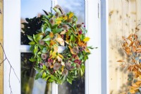 Wreath made up of Beech sprigs, Portuguese laurel sprigs, Teasel heads and Hawthorn twigs hanging on door