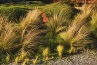 Mediterranean garden scene at the entrance gates decorated with violin sculptures. 
Grassland with Stipa tenuissima. 
Ground cover: Lippia nodiflora var. canescens.

Italy, Tuscan Maremma, Orbetello
Autumn season, October
