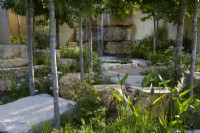 America's Wild garden. Designers: Emily Grayshaw, Imogen Perreau and Jude Yeo - Inspired Earth Design -  RHS Hampton Court Palace Garden Festival 2023. Waterfall, wooden walkway and rocks within woodland planting.