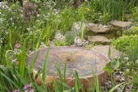 Metal copper bowl water feature in a wildflower garden with pond and stepping stones with marginal planting 
