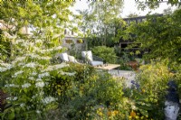 Patio seating area with mixed perennial planting including Trollius chinensis 'Golden Queen', Ranunculus acris and Viburnum plicatum 'Watanabe' with Betula albosinensis 'Fascination'