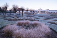 The Camellia conservatory and the Italian Garden on a frosty morning  at Chiswick House and Gardens.