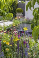 A view through Heptacodium leaves and a perennial bed planted with Salvia nemerosa, Nepeta and Hemerocallis to a modern water feature and a large vase with a yew ball. Designer: Kevin Dennis, Bord Bia Bloom 2023