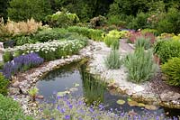 Garden overview with perennials and pond 