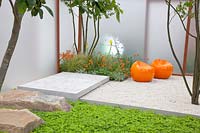 Modern small garden with background projection, Geum, Stipa tenuissima, Iris 