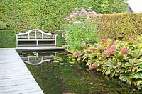 Seating area at the water basin, Eupatorium, Rodgersia 