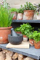 Outdoor kitchen with herb pots 