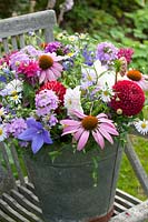 Bouquet with perennials and dahlias in zinc bucket, Echinacea purpurea, Phlox paniculata Hesperis, Kalimeris incisa Madiva, Dahlia, Platycodon grandiflorus, Monarda 