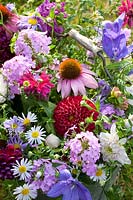 Bouquet with perennials and dahlias in zinc bucket, Echinacea purpurea, Phlox paniculata Hesperis, Kalimeris incisa Madiva, Dahlia, Platycodon grandiflorus, Monarda 