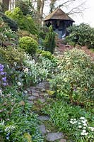 Garden with gazebo, Arabis suendermanii, Chionodoxa forbesii, Scilla siberica, Rhododendron, Anemone blanda White Splendour 