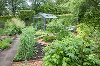 Vegetable garden with greenhouse and bench 