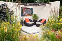 Terrace modern garden, Kniphofia, Nassella tenuissima, Stipa tenuissima, Calamagrostis acutiflora, Achillea 