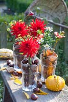 Glasses filled with chestnuts and leaves, inside water-filled glass tubes with flowers, dahlia, aster, Foeniculum vulgare, Aesculus hippocastanum 