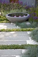 Modern water basin, Salvia officinalis Purpurascens, Thymus, Festuca glauca, Salvia nemorosa 