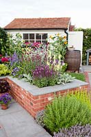 Rural garden with raised beds, Helianthus annuus, Verbascum, Salvia nemorosa, Cosmos bipinnatus, Alchemilla mollis, Thymus, Rosmarinus 