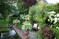 Arbor with sweet peas and hydrangeas, Lathyrus odoratus, Hydrangea arborescens Annabelle 