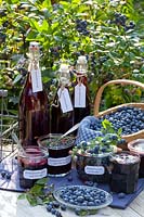 Stillife Preserving blueberries, blueberry compote with vanilla, blueberry jam with thyme, blueberries in vodka, blueberry juice, blueberry syrup, blueberry liqueur, Vaccinium corymbosum Legacy 