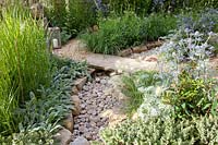 Garden with dry stream, Eryngium, Artemisia, Pennisetum, Stachys byzantina 