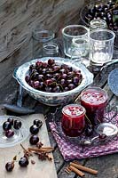 Still life preserving cherries, cherry jam, Prunus avium Large Black Cartilage Cherry 