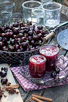 Jars of cherry jam, Prunus avium Large Black Cartilage Cherry 