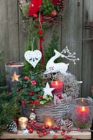 Christmas decoration with Gaultheria and dwarf conifers, Gaultheria, Coniferales 