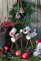 Homemade reindeer made from birch trunks and branches 