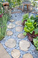 Path made of flat stones and wooden discs 