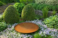 Bed with rust water bowl and thyme, Thymus longicaulis odoratus 