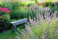 Seating area with catnip, Nepeta faassenii Walkers Low 