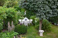 Romantic garden with chestnut tree and seating area 