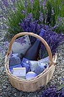 Stillife with lavender products, lavender secco, lavender soaps, scented sachets 