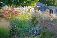 Bed with grasses and perennials in September 