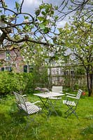 Seating area in the country garden under apple tree, Malus domestica Notarisappel 