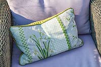 Embroidered cushion with snowdrop motif, Galanthus 