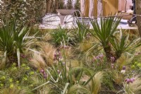 Mixed foliage border in front of the terrace planted of Stipa tenuissima, Fritillaria meleagris, Yucca gloriosa, Yucca filamentosa, Euphorbia cyparissias ssp wulfenii. 
Designer: Vetschpartner, Giardina-Zurich, Swiss. 

