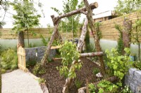Childrens play area with swing made of raw birch trunks in a woodland inspired garden surrounded by a wooden planks fence. June
Designer: Mary Anne Farenden. Bord Bia Bloom, Super Garden, Dublin, Ireland.