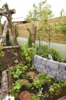 Strawberry bed and  raised bed made of Connemara decorative wall system  in woodland inspired garden surrounded by a wooden planks fence with Pyrrus, June
Designer: Mary Anne Farenden. Bord Bia Bloom, Super Garden, Dublin, Ireland.