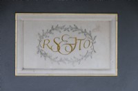  The central plaque on the wall in the Colonnade Court with initials of Roy Strong and Julia Trevelyan Oman. April. Spring. 