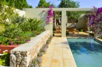 View across Mediterranean garden with patio, large pool, stones raised bed with exotic plants  includes Chamaerops humilis. June
Designer: Alan Rudden
