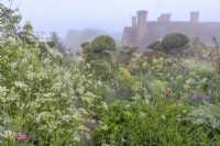 View of mixed annuals and perennials flowering in informal country cottage garden borders in early Summer - May